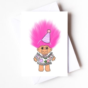 Veel succes trollenpop jaren 80/90 op speelgoed geïnspireerde verjaardagskaart
