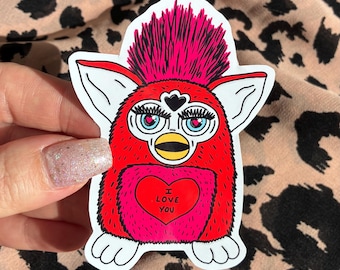 Adesivo vintage anni '90 con Furby, perfetto per anniversario, San Valentino o per celebrare l'amicizia.