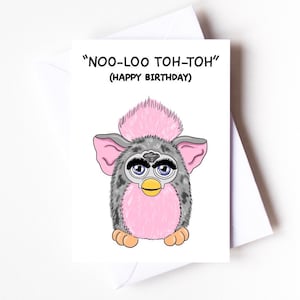 Cartão de aniversário inspirado em brinquedo Furby dos anos 90