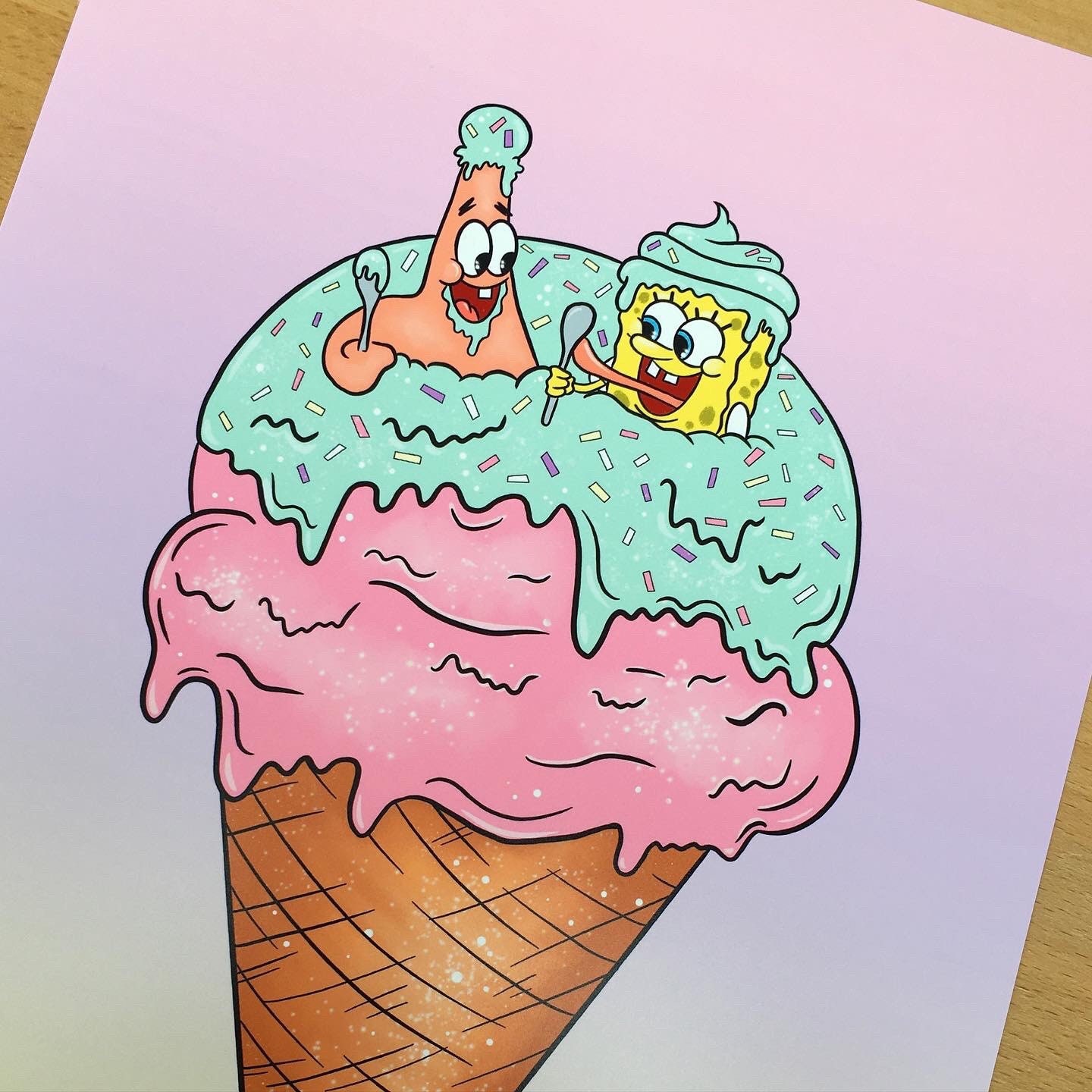 Bob Esponja ilustrada a mano & Patrick Ice Cream Print Etsy