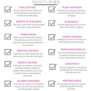 May include: A checklist with pink checkmarks and white text on a white background. The checklist includes items like goal setting, plan your week, month at a glance, plan daily, think ahead, monthly review, weekly review, Islamic trackers, Qur'an journal, read & build skills, save for it, and writing pages.