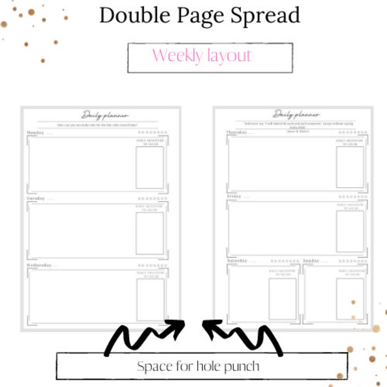 May include: A double page spread printable planner with a weekly layout. The planner has a daily planner section for each day of the week. The planner has a space for hole punch.
