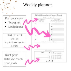 May include: A weekly planner printable with a pink arrow pointing to the section labeled "Start with Bismillah & Plan for the week". The planner includes sections for meal planning, inspirational quotes, and habit tracking.