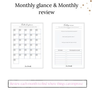 May include: A printable monthly planner with a calendar grid for tracking daily activities and a section for monthly review. The planner includes prompts for reflecting on goals, achievements, and areas for improvement.