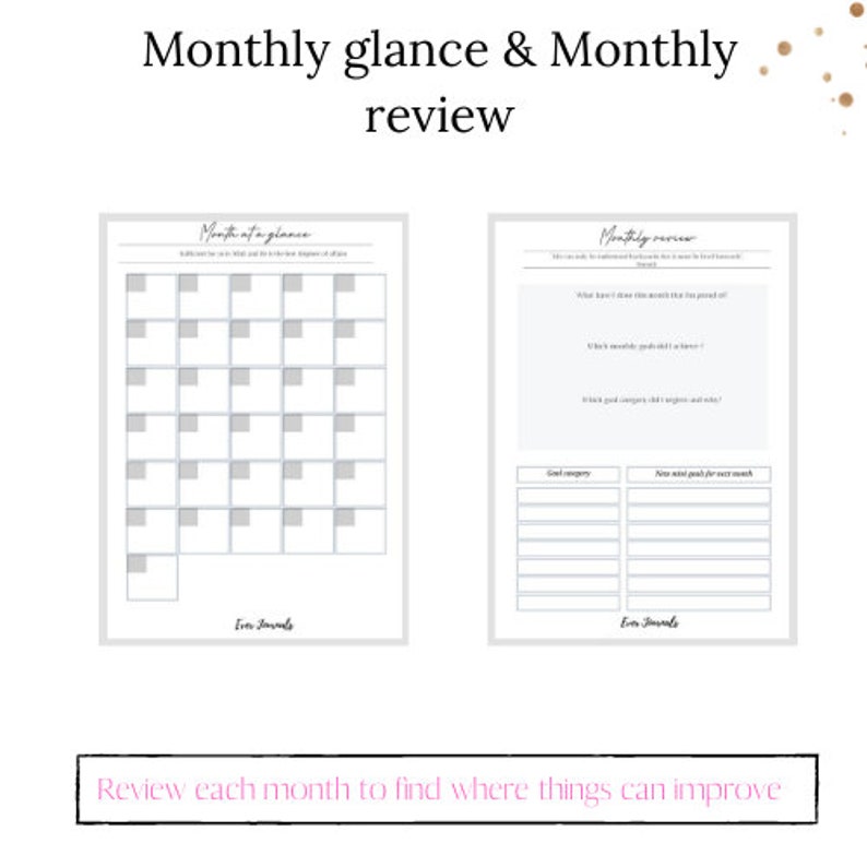 May include: A printable monthly planner with a calendar grid for tracking daily activities and a section for monthly review. The planner includes prompts for reflecting on goals, achievements, and areas for improvement.