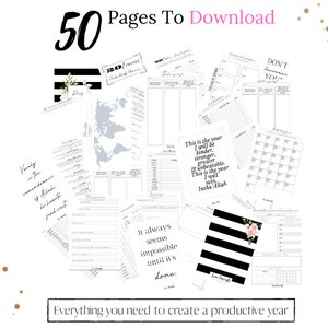 May include: A printable planner with 50 pages featuring black and white striped designs, floral illustrations, and motivational quotes. The text "50 Pages To Download" is at the top of the image. The text "Everything you need to create a productive year" is at the bottom of the image.