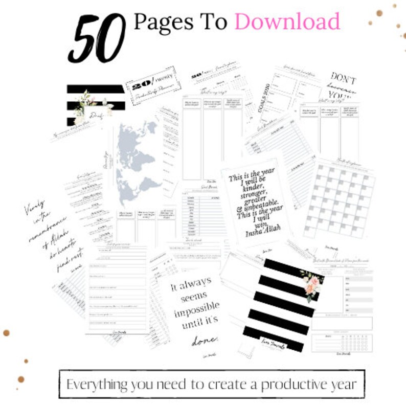 May include: A printable planner with 50 pages featuring black and white striped designs, floral illustrations, and motivational quotes. The text "50 Pages To Download" is at the top of the image. The text "Everything you need to create a productive year" is at the bottom of the image.