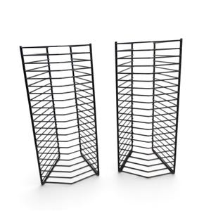 May include: Two black metal wire racks featuring a vertical, multi-tiered design with horizontal bars. Each rack has an open-front structure with a series of evenly spaced shelves, constructed from thin, dark-coated metal rods in a grid pattern.