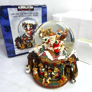Kirkland Musical Rotating Santa Teddy Bear Snow Water Globe Christmas in Box