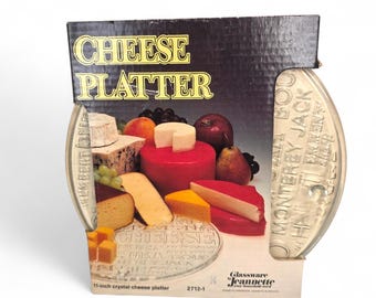 Vintage Jeannette Glass Crystal Cheese Platter 11 Inch Embossed Typographic Tray