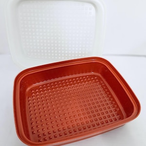 May include: A red rectangular container with a textured, geometric pattern, and a clear, matching lid. The container is open, revealing the interior. The lid is slightly transparent, and the container is made of a durable plastic material.