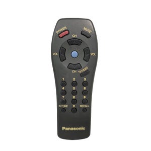 May include: A dark gray Panasonic remote control with a variety of buttons. The buttons include power, mute, channel, volume, and number keys. The word "Panasonic" is printed at the bottom of the remote.