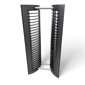 May include: A dark gray, modern-style CD or DVD rack. The rack has a curved design with vertical slats and two horizontal silver bars. The rack is made of metal and has a minimalist aesthetic.