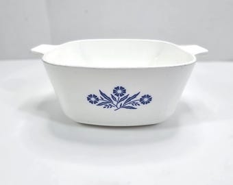 Vintage Corning Pyroceram 7&quot; Baking Dish Blue Corn Flower B-31 Made In USA Casserole Cooking Ware