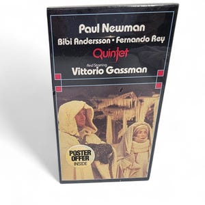 May include: A vintage VHS tape for the film "Quintet" starring Paul Newman, Bibi Andersson, Fernando Rey, and Vittorio Gassman. The cover features a snowy scene with two figures in hooded coats and the text "Poster Offer Inside."