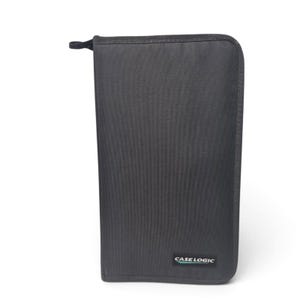 May include: A black rectangular storage case with a zippered closure and a fabric exterior. The case features a small rectangular label at the bottom right corner with the white text CASE LOGIC and a thin teal horizontal line underneath it.