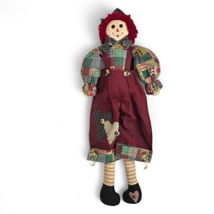 VIntage Raggedy Andy 24" Rag Doll Patchwork Burgundy Overalls Heart Applique Ann