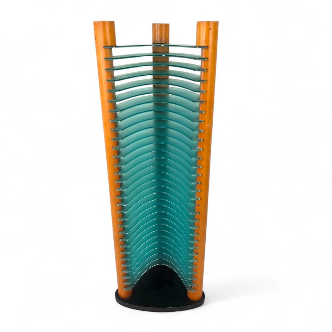 Vintage 30 CD Tower Wood and Teal Plastic Slots Stand Storage Media ...