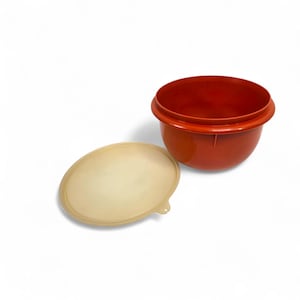 May include: A red plastic bowl with a matching lid. The bowl is round with a slightly flared rim. The lid is oval and off-white. The bowl and lid are separated, suggesting they are ready to be used or stored.