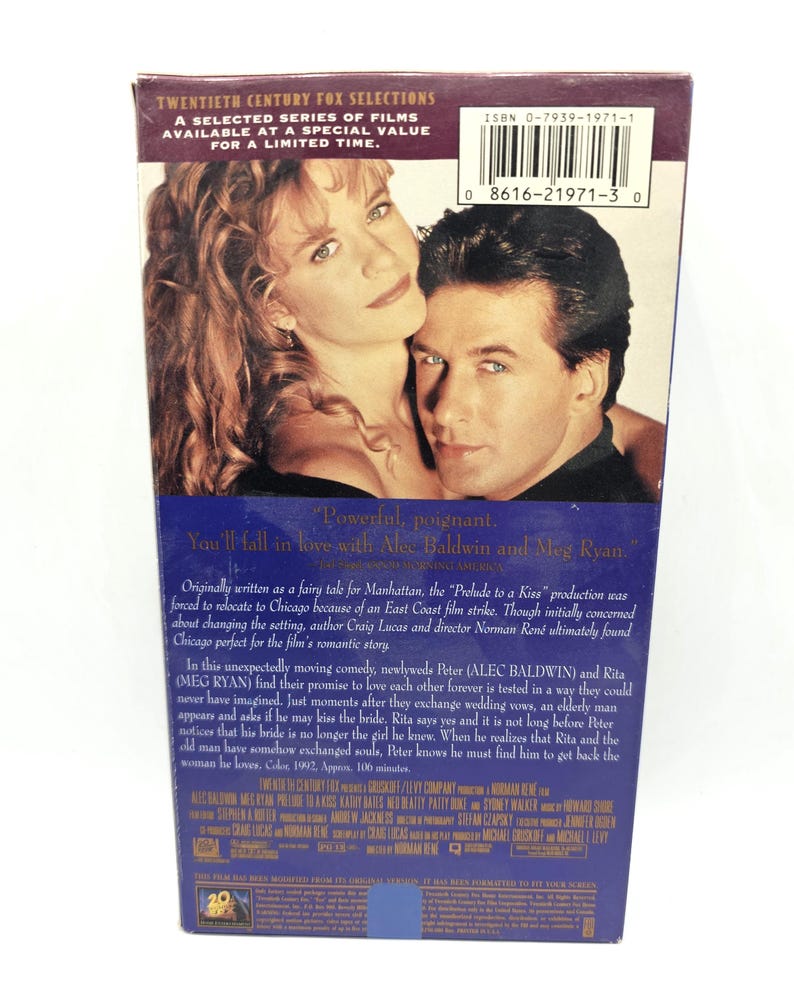Prelude to A Kiss VHS Movie Alec Baldwin Meg Ryan Videocassette 20th ...