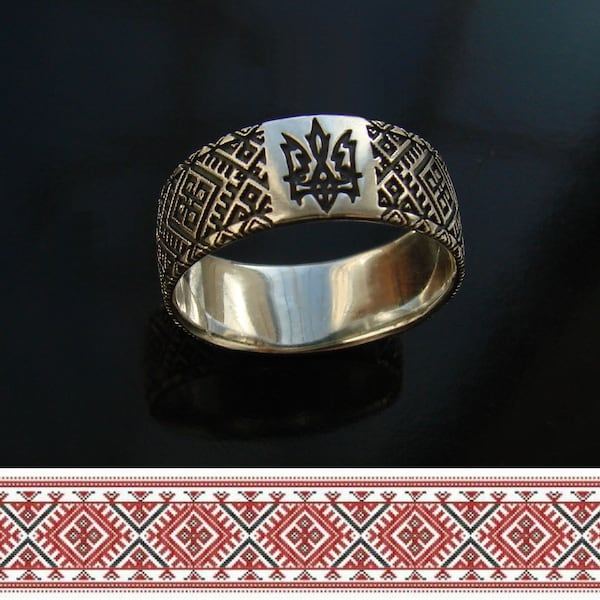Vyshyvanka Ring ethnic style Ukrainian Slavic pattern 925 silver_ Ukrainian Trident Tryzub