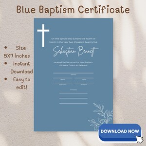 Blue Certificate of Baptism Editable Canva Template Printable Baptism Keepsake Boy Christian Dedication with Witness & Godparent Signatures