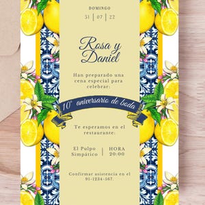 Invitación 10º Aniversario de Boda Editable Diseño Mediterráneo con Limones Plantilla Imprimible Canva Cena de Aniversario