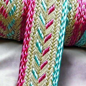 Treccia di nastro multicolore 20 mm, treccia di filo metallizzato oro| Rosa| blu, rifiniture in seta, Sfifa marocchina, pizzo, merceria etnica vintage