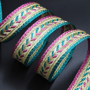 Multicolored ribbon braid 20mm, gold metallic thread braid| Pink| Green, silk trim, Moroccan Sfifa, lace, ethnic vintage haberdashery