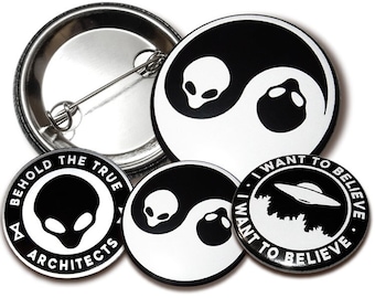 Alien buttons with pin, aliens, UFO, I Want To Believe