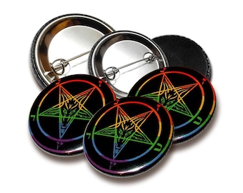 Zestaw guzików z tęczowym pentagramem Baphomet, 25 mm / 38 mm (1"/1,5") z pinezką / magnesem
