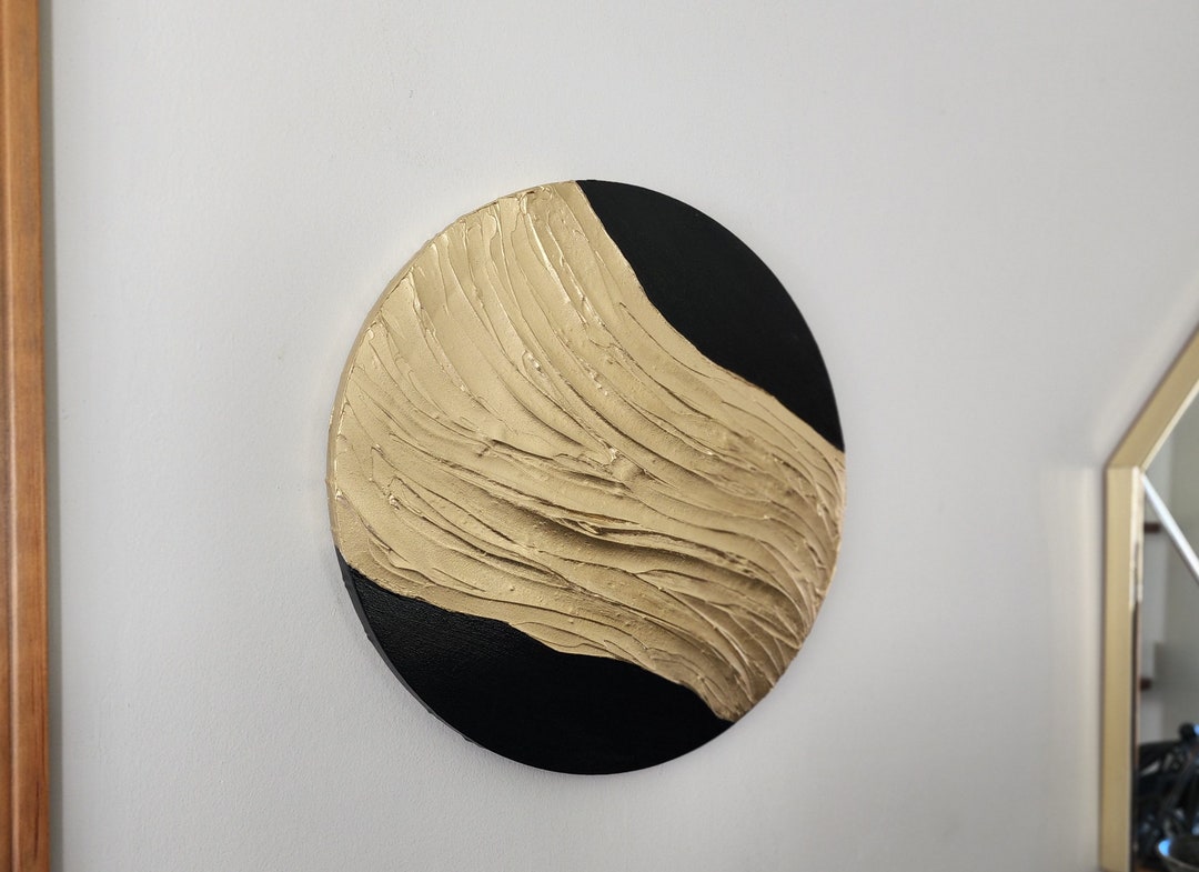 Original Texture Art Plaster Art 16 Inch Round Gold on Black Contemporary Home Decor Etsy