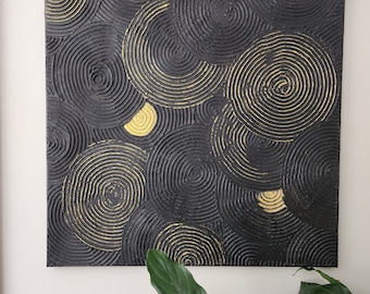 Cuadro en lienzo con textura de espiral / Negro y dorado, diseño orgánico (20x20)