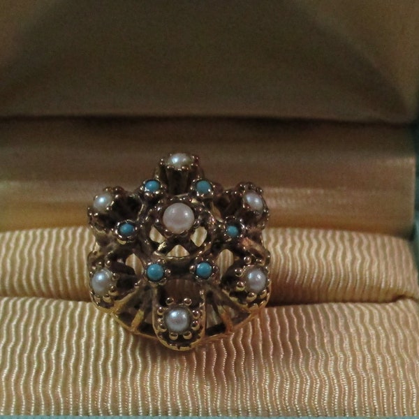 Vintage Faux Turquoise Pearl Ring 18KT HGE Signed Ladies Cocktail Ring Size 5.5