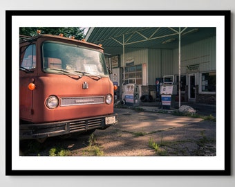 Morocco, Indiana Old Truck and Gas Station - Framed Photo, Ready-to-Hang