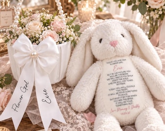 Personalised Flower Girl Basket, Satin Bow, Beaded Handle, Wedding Gift
