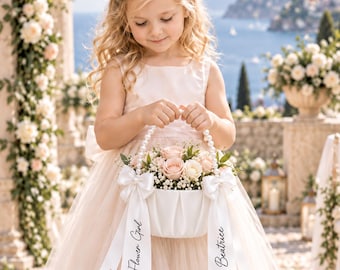 Personalised Flower Girl Basket, Satin Bow, Beaded Handle, Wedding Gift