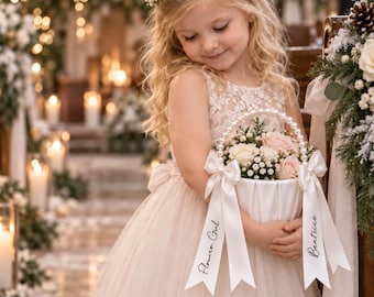 Personalised Flower Girl Gift Basket, Satin Bow Wedding Keepsake