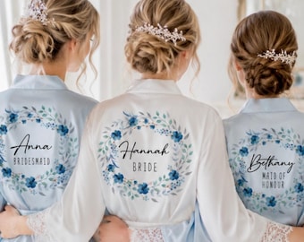 Blue Floral Wreath Bridesmaid Robes, Personalised Bride and Bridesmaid Wedding Robes