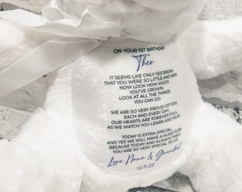 Poema personalizado de osito de peluche para el primer cumpleaños: conejito, león, jirafa, gato, perezoso y canguro