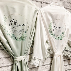 Bridesmaid Robes Personalised Sage Wedding Gown, Bridal Party, Bride, Maid of Honour Gown Floral Satin