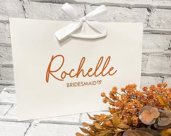Bridesmaid Wedding Luxury Ribbon Gift Bags, White, Personalised Maid of Honour, Groomsman, Mother of the Bride