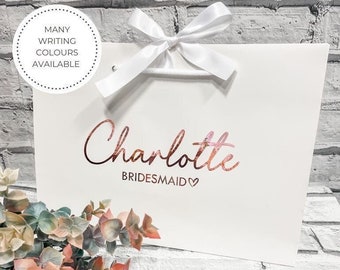 Bridesmaid Wedding Gift Bags With Ribbon, Personalised White