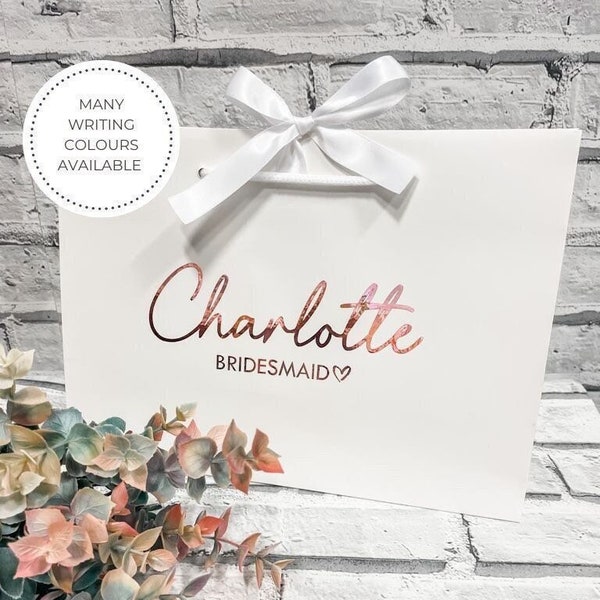 Bridesmaid Wedding Gift Bags With Ribbon, Personalised White