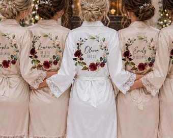 Christmas Bridesmaid Robes, Personalised Champagne Wedding Robes with Burgundy Floral Design