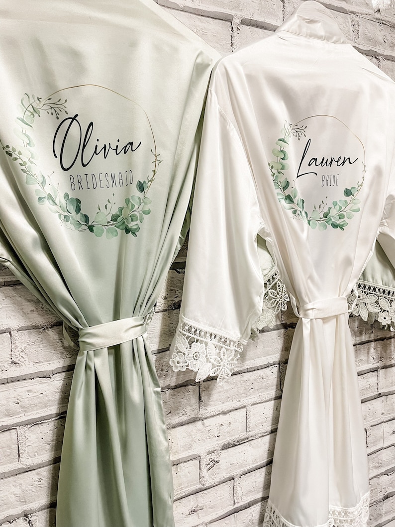 Bridesmaid Sage Silk Robes Personalised Wedding Gown, Bridal Party, Bride, Maid of Honour Gown Floral Satin 