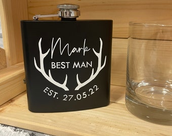 Best Man Groomsman Groom Hip Flask Black Stag Gift Whisky