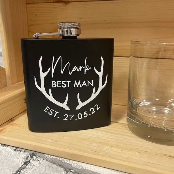 Best Man Groomsman Groom Hip Flask Black Stag Gift Whisky