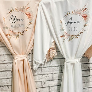 Bridesmaid Robes Personalised Wedding Silk Gown, Bridal Party, Bride, Maid of Honour Gown Floral Satin