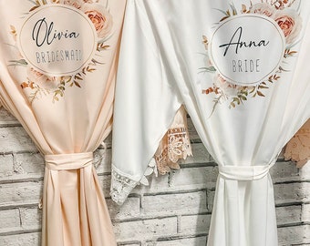 Bridesmaid Robes Personalised Wedding Silk Gown, Bridal Party, Bride, Maid of Honour Gown Floral Satin
